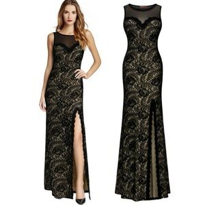 Miusol Black Lace Bodycon Floor Length Formal Dress Women's size S